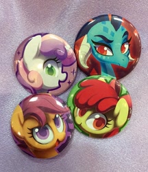 Size: 1104x1280 | Tagged: safe, artist:dawnfire, apple bloom, princess ember, scootaloo, sweetie belle, dragon, button, buttons, colored pupils, cutie mark crusaders, irl, looking at you, merchandise, photo