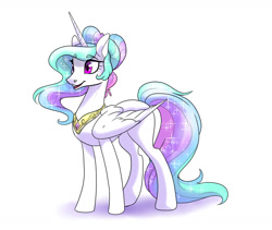 Size: 1280x1080 | Tagged: safe, artist:dragonfruitdarigan, princess celestia, alicorn, pony, alternate hairstyle, ethereal mane, eyebrows visible through hair, female, hair bun, mare, missing accessory, open mouth, peytral, simple background, smiling, solo, starry mane, white background