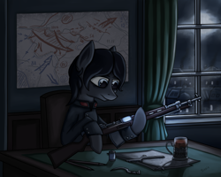 Size: 2500x2000 | Tagged: safe, artist:sinniepony, oc, oc:sinnie, earth pony, pony, blue eyes, clothes, food, gun, melancholy, military uniform, night, rifle, solo, soviet, svt-40, tea, uniform, weapon