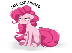 Size: 1427x1062 | Tagged: safe, artist:teranen, pinkie pie, earth pony, pony, chest fluff, ear fluff, female, floppy ears, frog (hoof), grumpy, mare, not happy, personality swap, pinkie pie is not amused, reaction image, simple background, sitting, sketch, solo, unamused, underhoof, when she doesn't smile, white background