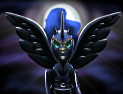 Size: 2600x2001 | Tagged: safe, artist:paleheart-arts, nightmare moon, crepuscular rays, flying, flying at you, grin, looking at you, moon, solo