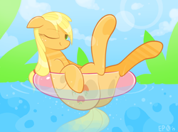 Size: 2956x2196 | Tagged: safe, artist:b-epon, applejack, earth pony, pony, dripping, female, hooves up, inner tube, mare, one eye closed, smiling, solo, underhoof, water, wet mane, wink