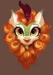 Size: 5209x7367 | Tagged: safe, artist:sofiko-ko, autumn blaze, kirin, awwtumn blaze, brown background, bust, cute, ear fluff, female, looking at you, open mouth, open smile, portrait, simple background, smiling, smiling at you, solo