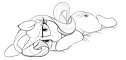 Size: 798x383 | Tagged: safe, artist:whydomenhavenipples, starlight glimmer, pony, unicorn, female, grayscale, lidded eyes, looking at you, lying down, monochrome, prone, solo