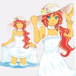 Size: 3582x3582 | Tagged: safe, artist:dragonemperror2810, sunset shimmer, equestria girls, adorkable, cleavage, clothes, cute, dork, dress, eye clipping through hair, hat, looking at you, shimmerbetes, simple background, smiling, sundress, tongue out, water, white background