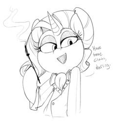 Size: 683x716 | Tagged: safe, artist:whydomenhavenipples, rarity, pony, semi-anthro, unicorn, cigarette, cigarette holder, clothes, dexterous hooves, dialogue, eyeshadow, grayscale, hoof hold, makeup, monochrome, open mouth, shirt, smoking, solo