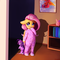 Size: 2000x2000 | Tagged: safe, artist:miokomata, fluttershy, pegasus, pony, semi-anthro, bipedal, blushing, clothes, colored hooves, covering mouth, cute, cuteness overload, female, filly, filly fluttershy, floppy ears, foal, folded wings, footed sleeper, freckles, freckleshy, hnnng, indoors, looking at you, pajamas, plushie, precious, shyabetes, smiling, smol, weapons-grade cute, wings, younger