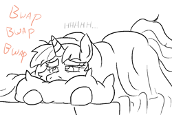 Size: 1102x738 | Tagged: safe, artist:jargon scott, moondancer, bed, monochrome, solo, tired