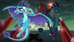 Size: 1920x1080 | Tagged: safe, artist:askmidnightcoffee, artist:topaz7373, artist:wingedwolf94, edit, dragon lord ember, princess ember, dragon, bloodstone scepter, fangs, female, shadow, smiling, solo, vector, wallpaper, wallpaper edit