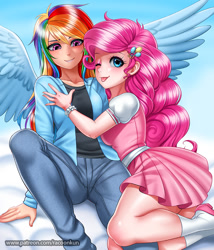 Size: 900x1050 | Tagged: safe, artist:racoonsan, pinkie pie, rainbow dash, human, :p, bracelet, clothes, cute, cutie mark hair accessory, diapinkes, dress, eyeshadow, female, humanized, jeans, jewelry, legs, lesbian, makeup, one eye closed, pants, pinkiedash, shipping, shoes, skirt, smiling, socks, tongue out, winged humanization, wings, wink