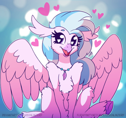Size: 1280x1200 | Tagged: safe, artist:greenlinzerd, silverstream, classical hippogriff, hippogriff, beautiful, colored hooves, cute, diastreamies, female, fluffy, heart, heart eyes, human shoulders, jewelry, looking at you, looking away, necklace, sitting, smiling, solo, spread wings, unshorn fetlocks, wingding eyes, wings