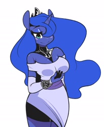 Size: 2089x2549 | Tagged: safe, artist:sourspot, princess luna, alicorn, anthro, adorasexy, beautiful, beautisexy, blushing, breasts, clothes, cute, digital art, dress, female, hair over one eye, lidded eyes, lunabetes, mare, pretty, sexy, simple background, smiling, solo, white background