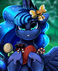 Size: 1446x1764 | Tagged: safe, artist:pridark, princess luna, alicorn, pony, candy, cute, digital art, female, food, halloween, holiday, lollipop, lunabetes, mare, nightmare night, smiling, solo