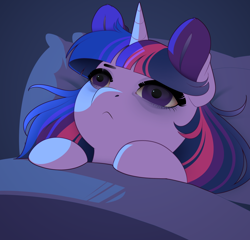 Size: 1000x959 | Tagged: safe, artist:evehly, twilight sparkle, twilight sparkle (alicorn), alicorn, pony, :c, bags under eyes, bed, bedsheets, female, frown, in bed, insomnia, mare, pillow, sad, solo, tired