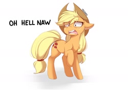Size: 1628x1147 | Tagged: safe, artist:teranen, applejack, earth pony, pony, angry, chest fluff, disgusted, do not want, ear fluff, expressions, eye clipping through hair, female, floppy ears, mare, raised hoof, reaction image, simple background, sketch, solo, swearing, white background