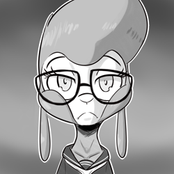 Size: 1000x1000 | Tagged: safe, artist:hitsuji, pom lamb, sheep, them's fightin' herds, 177013, clothes, emergence, female, glasses, grayscale, japanese, monochrome, saki yoshida, school uniform, solo, uniform