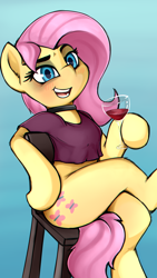 Size: 3240x5760 | Tagged: safe, artist:anon_1515, fluttershy, pegasus, pony, semi-anthro, absurd resolution, alcohol, bedroom eyes, blushing, bottomless, chair, choker, chokershy, chromatic aberration, clothes, crossed legs, eyebrows, eyelashes, eyeshadow, female, glass, head tilt, human shoulders, leaning back, looking at you, makeup, mare, open mouth, partial nudity, shirt, simple background, sitting, smiling, strategically covered, tail between legs, thighs, wallpaper, wine, wine glass