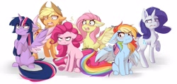 Size: 2892x1377 | Tagged: safe, artist:teranen, applejack, fluttershy, pinkie pie, rainbow dash, rarity, twilight sparkle, twilight sparkle (alicorn), alicorn, earth pony, pegasus, pony, unicorn, chest fluff, expressions, female, floppy ears, group photo, judgement, mane six, mare, not amused face, reaction image, simple background, sketch, unamused, white background