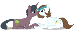 Size: 2400x1000 | Tagged: safe, artist:barhandar, artist:byteslice, oc, oc only, oc:mana sketch, oc:sugar lock, pegasus, pony, unicorn, collaboration, .svg available, boop, duo, eye contact, female, holding hooves, looking at each other, male, mare, noseboop, prone, simple background, smiling, stallion, svg, transparent background, vector