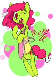 Size: 1050x1500 | Tagged: safe, artist:whydomenhavenipples, oc, oc only, oc:melonie, pony, apron, bipedal, clothes, gap teeth, solo, tooth gap, wink