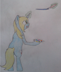 Size: 638x750 | Tagged: safe, artist:barhandar, oc, oc only, oc:art's desire, pony, unicorn, bipedal, bipedal leaning, drawing, female, green eyes, leaning, magic, mare, palette, rear view, simple background, solo, telekinesis, tongue out, traditional art, white background
