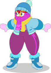 Size: 3000x4301 | Tagged: safe, artist:cyberapple456, sunset shimmer, better together, equestria girls, holidays unwrapped, a christmas story, beanie, boots, clothes, coat, female, gloves, hat, huggable, saving pinkie's pie, scarf, show accurate, simple background, snow pants, solo, transparent background, vector, winter outfit