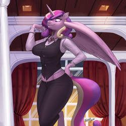 Size: 900x900 | Tagged: safe, artist:kevinsano, princess cadance, alicorn, anthro, unguligrade anthro, alicorn amulet, big breasts, breasts, clothes, curtains, female, hand on hip, milf, patreon, patreon logo, princess cansdance, smiling, solo, window