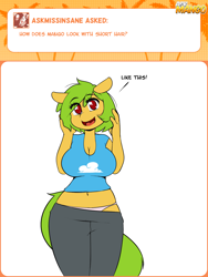 Size: 1200x1600 | Tagged: safe, artist:3mangos, oc, oc only, oc:mango, anthro, ask, ask mango, belly button, cleavage, clothes, female, midriff, panties, pink underwear, short hair, solo, tumblr, underwear