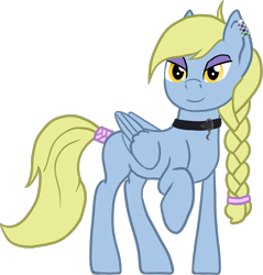 Size: 1425x1491 | Tagged: safe, artist:barhandar, oc, oc only, oc:windswept skies, pegasus, pony, 2018 community collab, amethyst, braid, charm, collar, derpibooru community collaboration, ear clip, emerald, eyeshadow, femboy, gem, jewelry, lidded eyes, looking at you, makeup, male, moonstone (rock), raised hoof, sapphire, simple background, solo, stallion, tail wrap, transparent background, wings