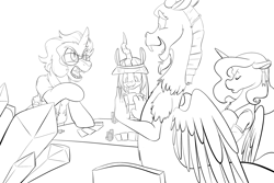 Size: 1280x856 | Tagged: safe, artist:goat train, discord, king sombra, nightmare moon, queen chrysalis, changeling, changeling queen, pony, unicorn, argument, clothes, crystal, glasses, hawaiian shirt, monochrome, poker, visor, wip