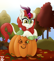 Size: 2800x3200 | Tagged: safe, artist:theretroart88, autumn blaze, kirin, awwtumn blaze, cute, female, leaf, looking at you, movie accurate, pumpkin, pun, quadrupedal, scenery, smiling, solo, tree, visual pun