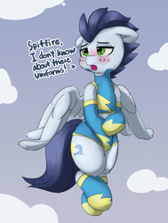 Size: 2482x3277 | Tagged: safe, artist:pabbley, soarin', pegasus, pony, blushing, clothes, cloud, crossdressing, cute, embarrassed, flying, implied spitfire, male, sky, sleeveless, soarinbetes, solo, stallion, uniform, wonderbolts, wonderbolts uniform