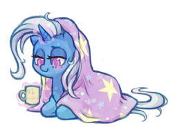 Size: 1071x863 | Tagged: safe, artist:dawnfire, trixie, pony, unicorn, blanket, blush sticker, blushing, colored pupils, female, looking down, lying down, magic, mare, missing accessory, simple background, solo, telekinesis, transparent background