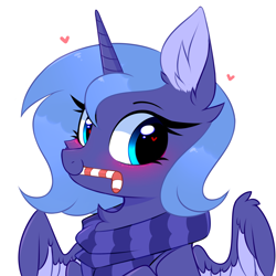 Size: 3000x3000 | Tagged: safe, artist:pesty_skillengton, princess luna, alicorn, pony, blushing, bust, chest fluff, clothes, cute, ear fluff, female, heart, heart eyes, looking at you, lunabetes, mare, portrait, s1 luna, scarf, simple background, solo, sweat, two toned wings, white background, wing fluff, wingding eyes, wings