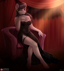 Size: 972x1080 | Tagged: safe, artist:alicesmitt31, octavia melody, anthro, earth pony, unguligrade anthro, adorasexy, bare shoulders, beautiful, beautisexy, black dress, black nail polish, braless, breasts, chair, choker, cleavage, clothes, cute, digital art, dress, eyelashes, female, garter, hand on chest, hooves, leg focus, legs, little black dress, looking at you, mare, nail polish, one eye closed, open mouth, open smile, orbtavia, patreon, patreon logo, sexy, side slit, sitting, smiling, smiling at you, solo, strapless, stupid sexy octavia, tavibetes, total sideslit, wink, winking at you