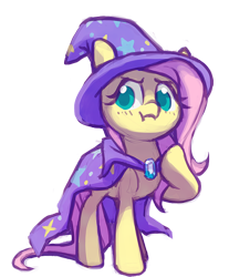 Size: 848x1022 | Tagged: safe, artist:dawnfire, fluttershy, trixie, pony, unicorn, accessory swap, blushing, clothes, colored pupils, cosplay, costume, female, hat, mare, scrunchy face, simple background, solo, the great and powerful, transparent background, trixie's cape, trixie's hat, wizard hat