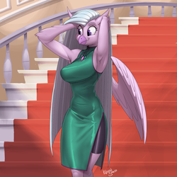 Size: 900x900 | Tagged: safe, alternate version, artist:kevinsano, silverstream, anthro, classical hippogriff, hippogriff, armpits, big breasts, breasts, busty silverstream, cheongsam, clothes, dress, female, older, older silverstream, sexy, side slit, sideboob, smiling, solo, stairs, that hippogriff sure does love stairs