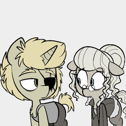 Size: 600x600 | Tagged: safe, artist:whydomenhavenipples, oc, oc only, oc:patches, oc:rem, earth pony, pony, unicorn, clothes, colored, eyepatch, glasses, northern excursion, remches