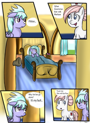 Size: 900x1237 | Tagged: safe, artist:freefraq, cloudchaser, flitter, nurse redheart, earth pony, pegasus, pony, bed, comic, female, injured, mare