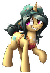 Size: 2057x3000 | Tagged: safe, artist:shinodage, fresh coat, pony, spice up your life, apron, backwards ballcap, clothes, cute, female, floppy ears, hat, mare, paint, paint on fur, raised hoof, simple background, smiling, solo, transparent background