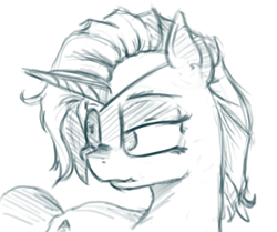 Size: 1873x1564 | Tagged: safe, artist:post-it, rarity, pony, unicorn, alternate hairstyle, alternate universe, eyepatch, monochrome, short mane, sketch, solo, sword rara