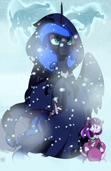 Size: 647x1000 | Tagged: safe, artist:goat train, princess luna, snowfall frost, starlight glimmer, alicorn, pony, windigo, macro, snow, snowfall, spirit of hearth's warming yet to come