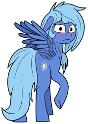 Size: 1419x1995 | Tagged: safe, artist:barhandar, oc, oc only, oc:wind shear, pegasus, pony, 2019 community collab, blushing, derpibooru community collaboration, ear blush, female, floppy ears, frown, looking at you, looking back, looking back at you, mare, raised hoof, rear view, simple background, solo, spread wings, transparent background, wings