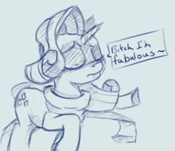 Size: 673x580 | Tagged: safe, artist:post-it, rarity, pony, unicorn, clothes, dialogue, monochrome, scarf, sketch, solo, vulgar