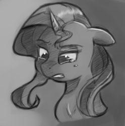 Size: 409x413 | Tagged: safe, artist:post-it, sunset shimmer, pony, unicorn, crying, monochrome, sketch, solo