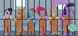 Size: 1000x468 | Tagged: safe, artist:goat train, applejack, fluttershy, pinkie pie, rainbow dash, rarity, twilight sparkle, twilight sparkle (alicorn), alicorn, earth pony, pegasus, pony, unicorn, abuse, bipedal, bipedal leaning, clothes, commission, crying, dialogue, eyes closed, freckles, frown, height difference, hoof hold, jail, line-up, mane six, offscreen character, open mouth, prison, prison outfit, prisoner, prisoner rd, prisoner ts, rearing, speech bubble, twilybuse, underhoof, uvula, wide eyes