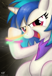 Size: 1875x2750 | Tagged: safe, artist:shinodage, dj pon-3, vinyl scratch, pony, unicorn, bandana, bracelet, glowstick, happy, jewelry, rave, solo