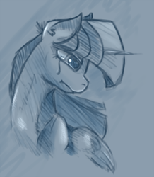 Size: 720x824 | Tagged: safe, artist:post-it, twilight sparkle, twilight sparkle (alicorn), alicorn, pony, colored sketch, crying, monochrome, sketch, solo