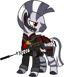 Size: 3654x4363 | Tagged: safe, artist:brisineo, oc, oc only, zebra, fallout equestria, clothes, fallout, gun, headset, jewelry, necklace, soldier, solo, weapon, zebra rifle