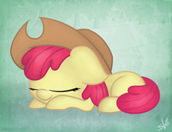 Size: 3000x2300 | Tagged: safe, artist:shinodage, apple bloom, accessory swap, adorabloom, cowboy hat, cute, hat, sleeping, solo, stetson